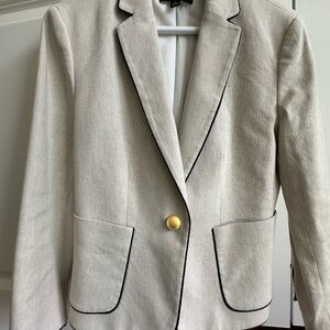 Ann Taylor Cream Linen Blazer with Dark Navy  Trim and Gold Buttons